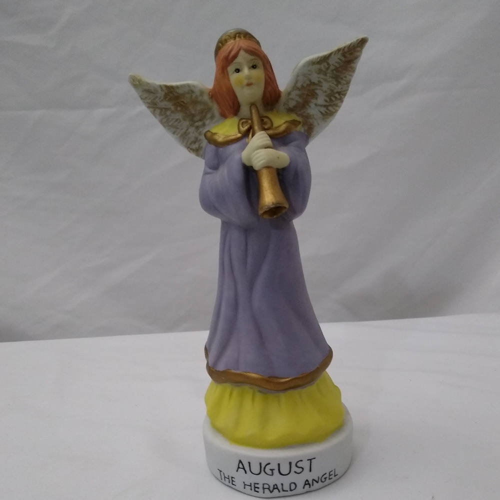 Angel Figurine Vintage 8" Tall Porcelain Hand Painted Birth Month August